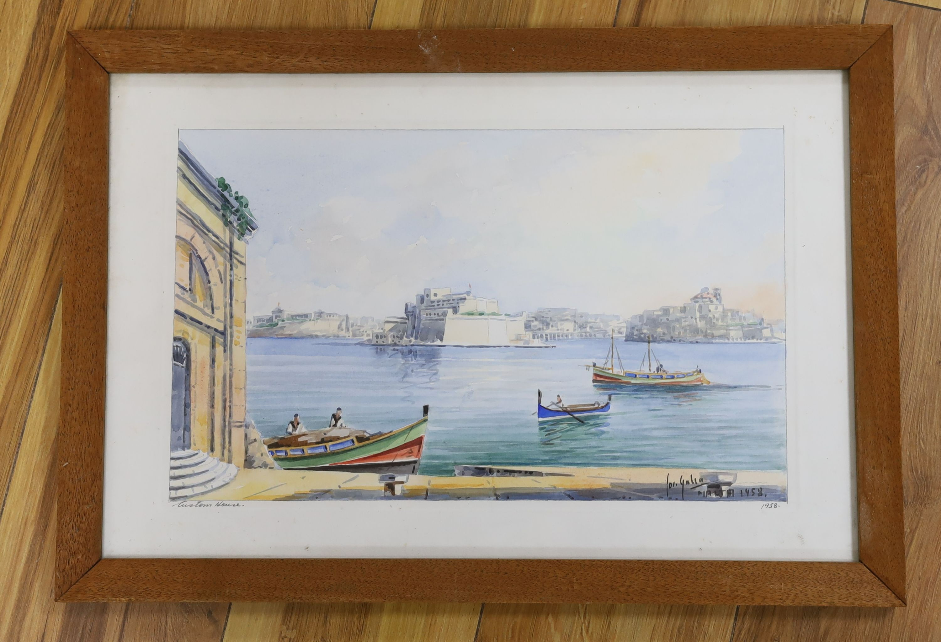 Joseph Galea (1904-1985), watercolour, 'Custom House, Valetta, Malta', signed and dated 1958, 24 x 40cm